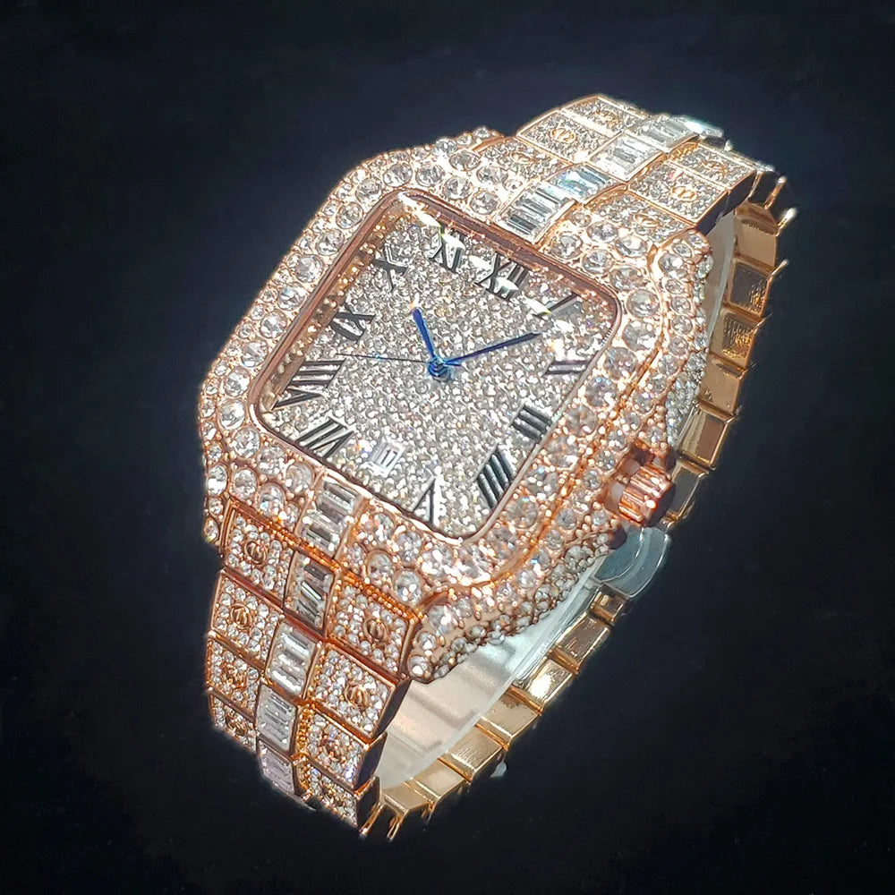 Hot Fashion Brand UNIGUET Hip Hop Rose Gold Iced Diamond Mens Watch Luxury Square Waterproof Quartz Man Clocks Relogio Masculino