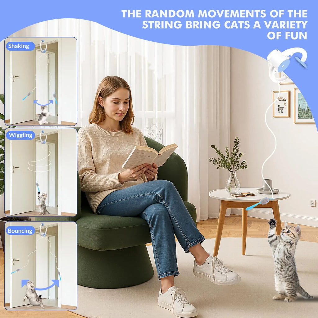 Interactive Cat Toys for Indoor Cats, Smart USB Rechargeable Door Hanging retractable cat toy, with 3 Catnip Mice, for Bored Cat