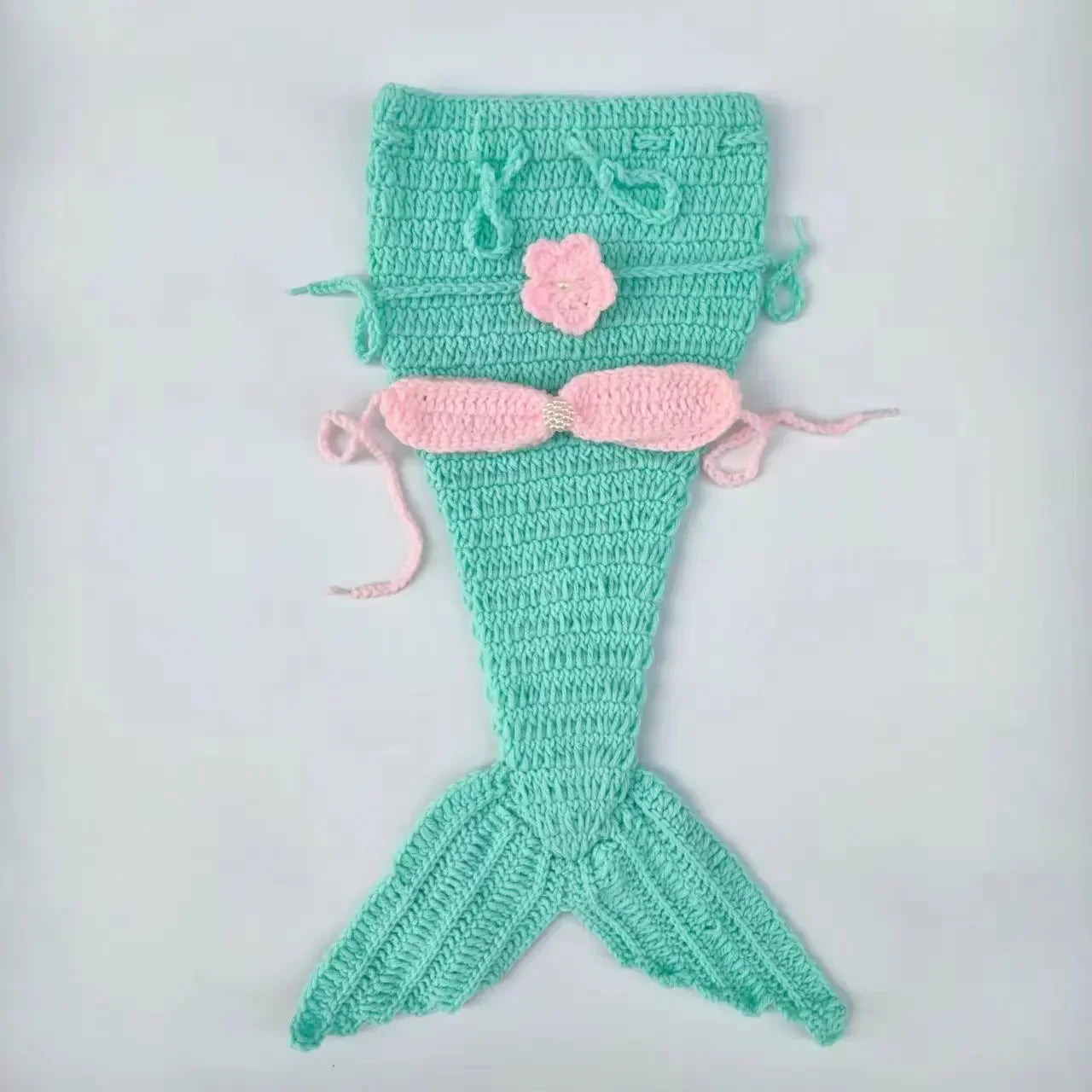 Light Blue Knitted Mermaid 3pc Set Headwear Fish Tail Top Newborn Garment Infant Studio Portrait Shooting Basic Photography Wear