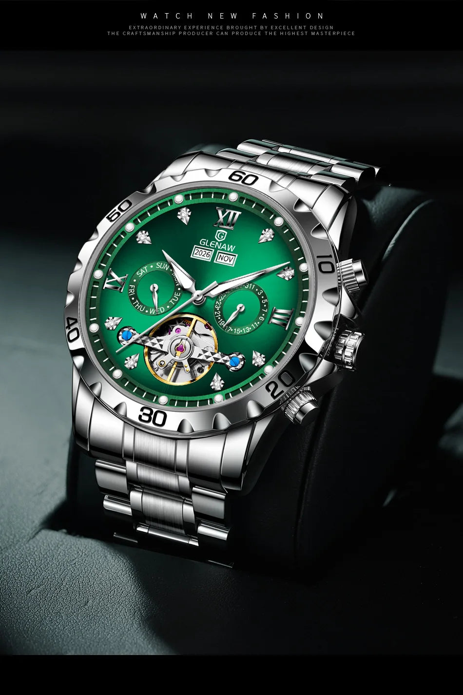 Glenaw high-end business fully automatic mechanical multi-functional men's watch trendy fashion waterproof watch