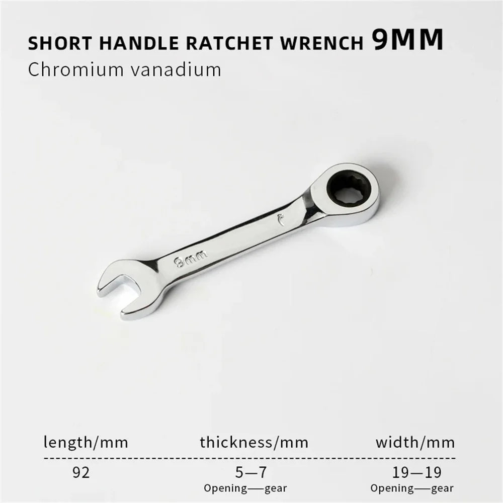 6-19mm Stubby Ratchet Spanner Short Ratchet Wrench Car Repair Hand Tools 72 Tooth Design Short Handle Dual-purpose Wrench Tool