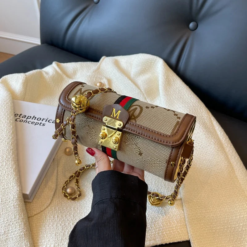 Fashionable Retro Summer Women's Chain Crossbody Bag Trendy Cylinder Bag Soft PU Leather Casual Style Small Size Korean Style