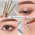 Cold tea brown eyebrow pen, close-up of defined eyebrows, eyeliner, makeup swatches