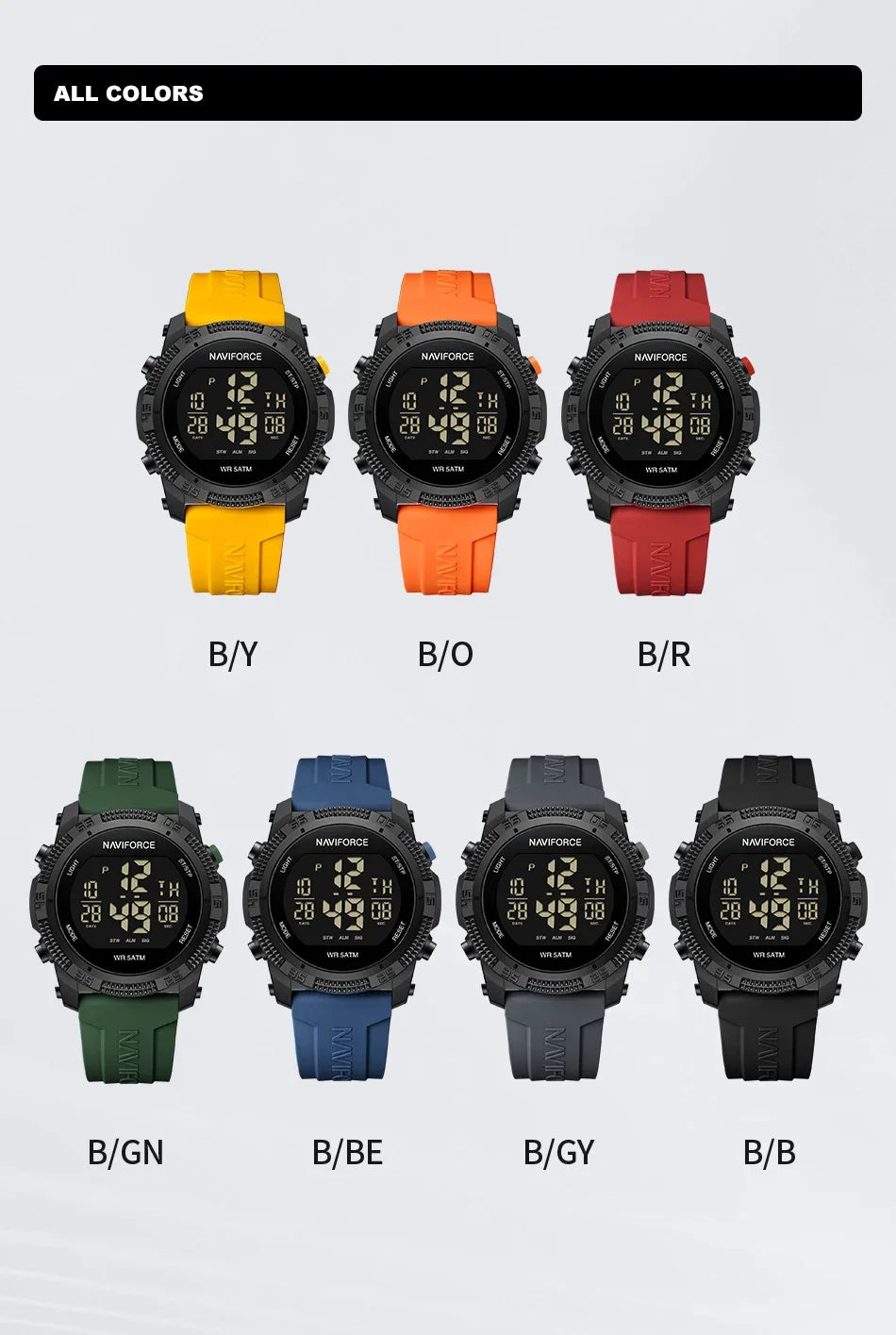 NAVIFORCE NF7104 Men's LCD Digital Leisure Date and Week Alarm Clock Waterproof Silicone Strap Electronic Premium Watch