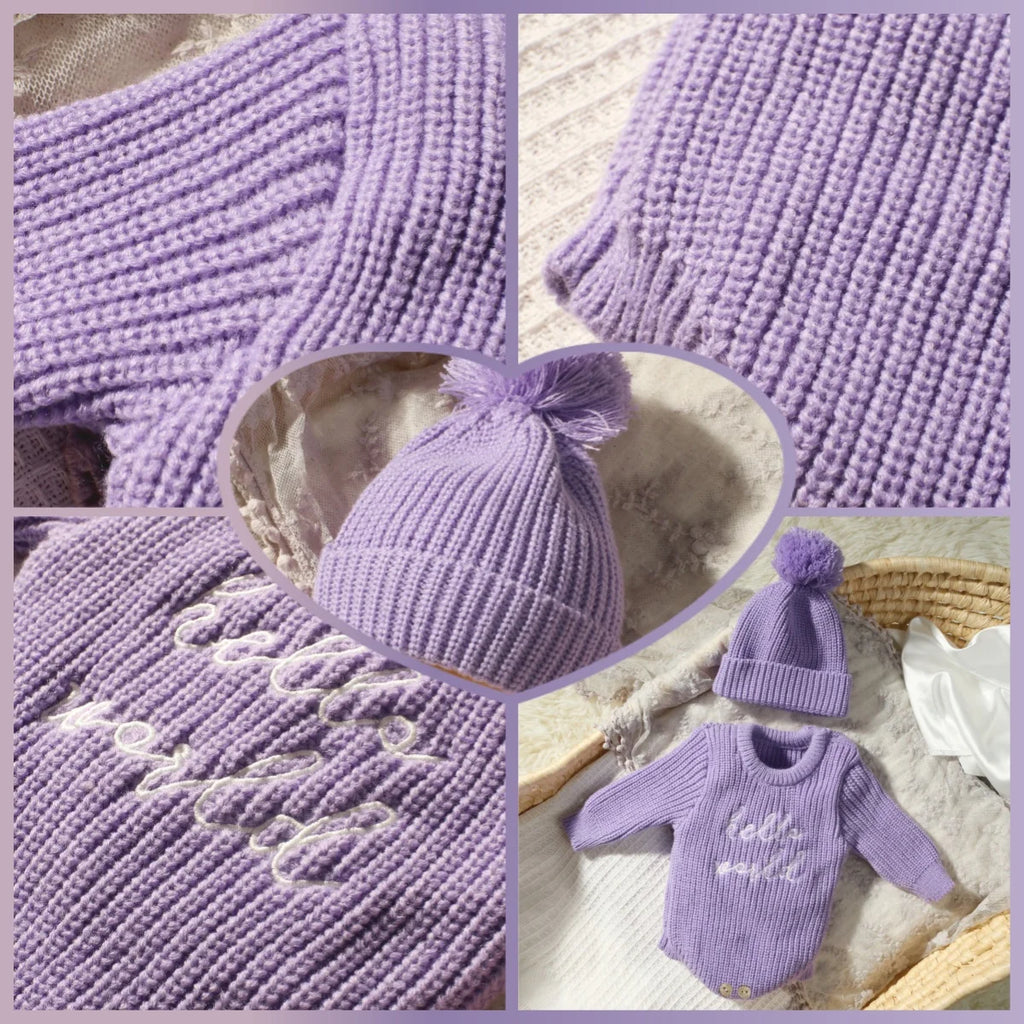 Hello World Knitting Newborn Photography Romper with Matching Pomp Hat Baby Boy Girl Sweater Outfits for Photo Shooting