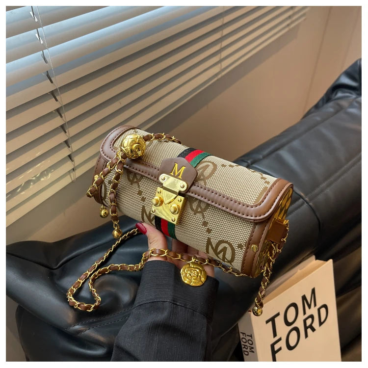 Fashionable Retro Summer Women's Chain Crossbody Bag Trendy Cylinder Bag Soft PU Leather Casual Style Small Size Korean Style