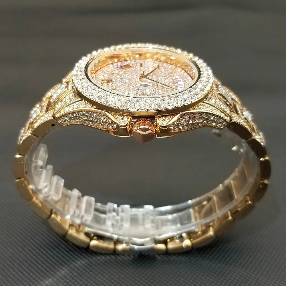 TikTok Hot Diamond Wristwatch For Men Luxury 18K Gold Plated Quartz Watches Day Date Nightclub Party Watch Unisex Rapper Jewelry