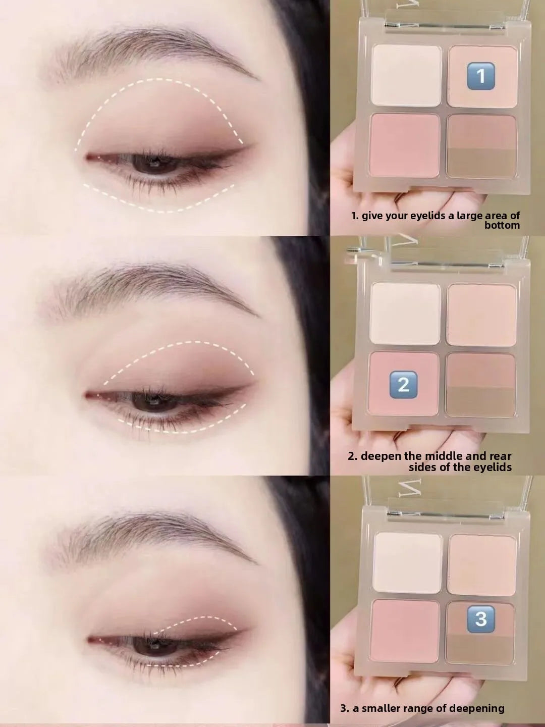 Eyeshadow tutorial showing step-by-step application using a neutral eyeshadow palette.