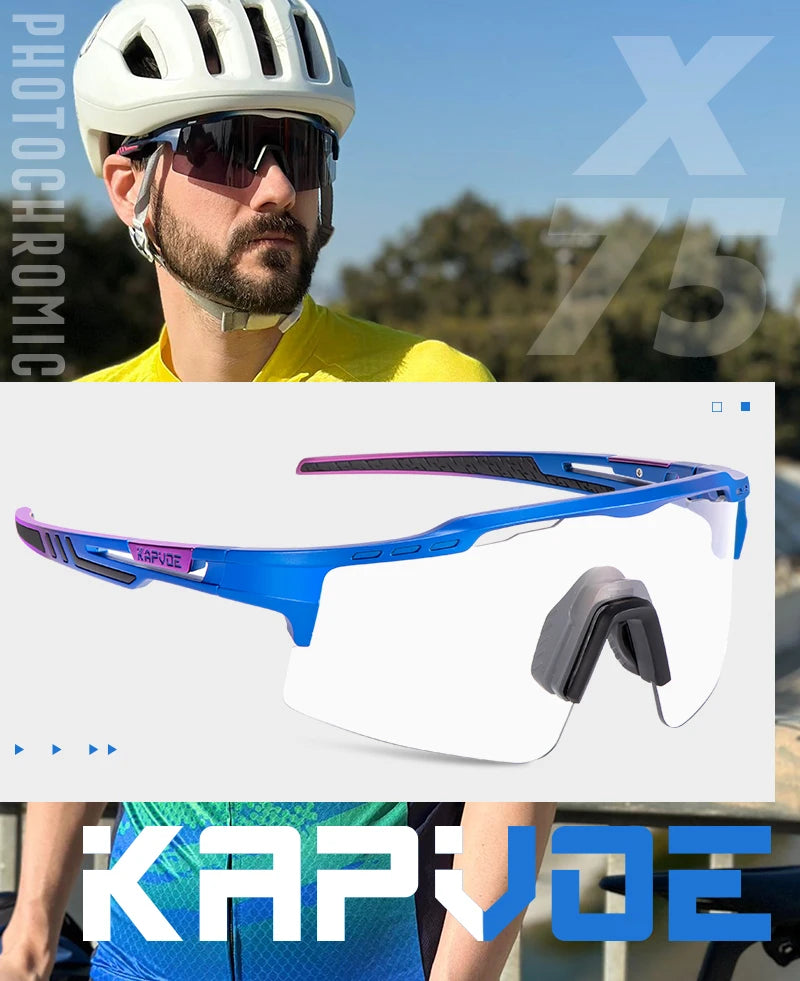 Cyclist wearing photochromic blue KAPVOE sports sunglasses and helmet outdoors