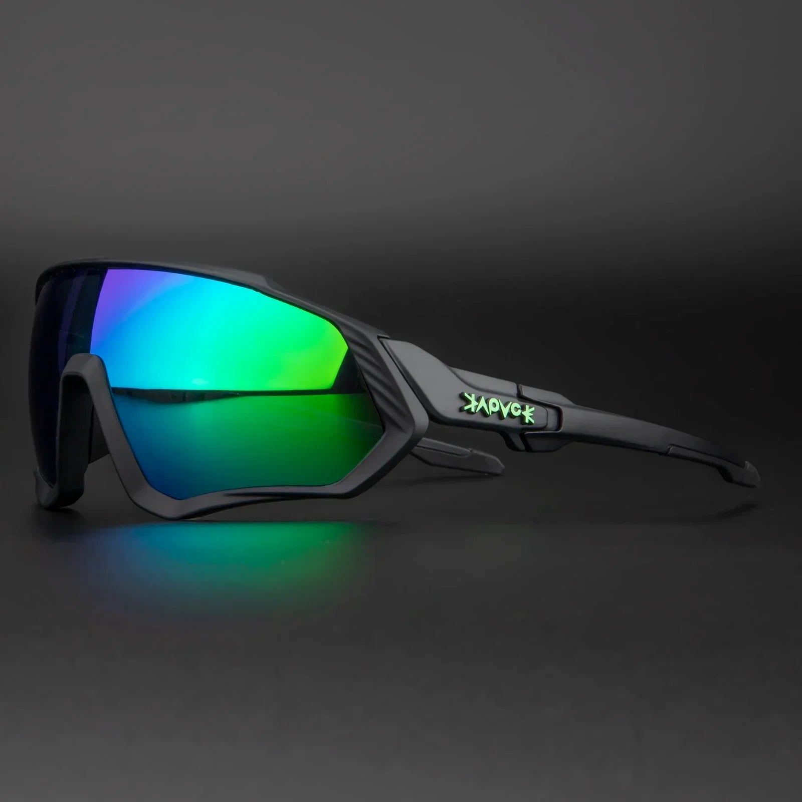 Sport sunglasses with black frame and green mirrored lenses on dark background