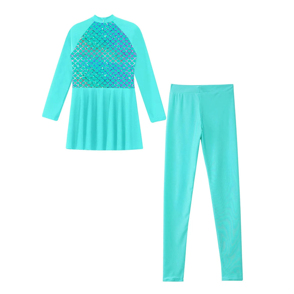 Girls Swimsuits 2 Piece Rash Guard Set UPF 50 Sun Protection Long Sleeve Swim Dress with Leggings Kids Full Body Cover Beachwear