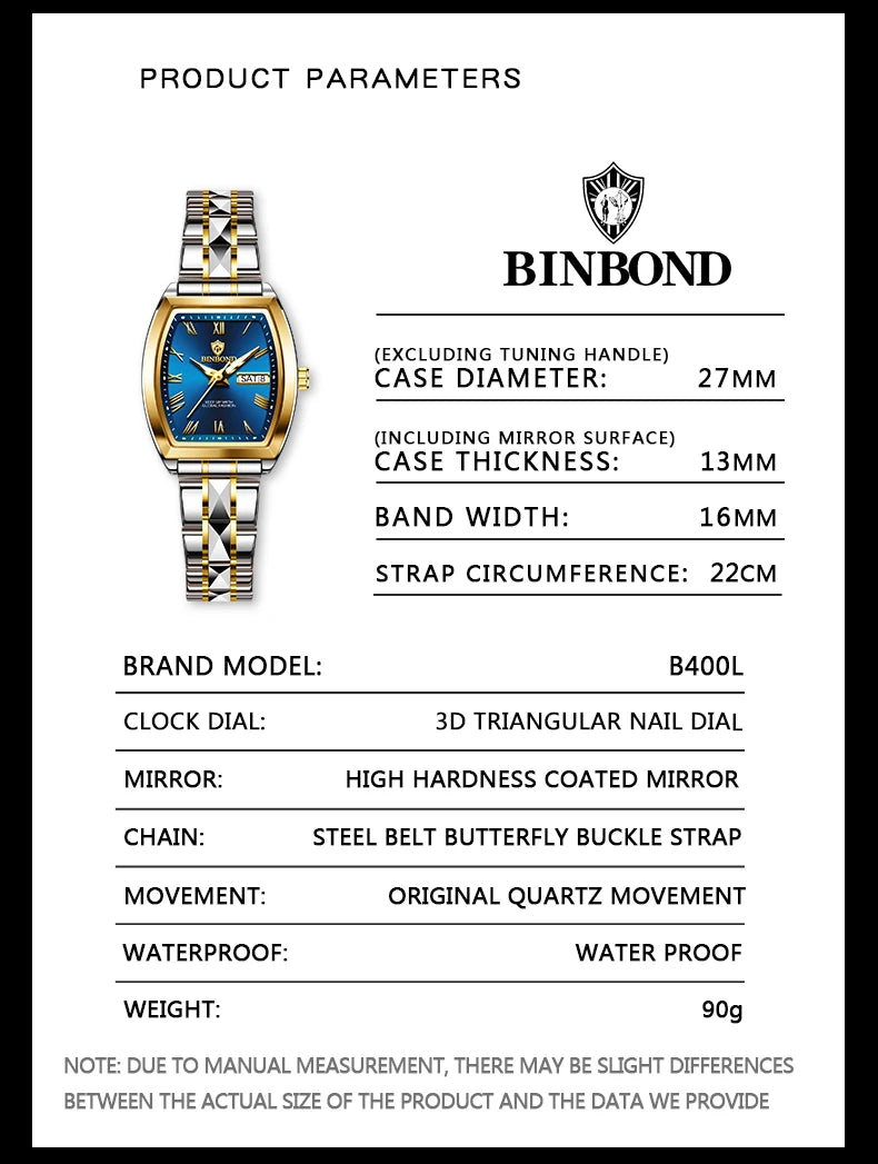 BINBOND 2pcs Couple Watches Fashion Square Quartz Watch for Lover Wateproof Luminous Date Week Men Ladies Valentine Wristwatch