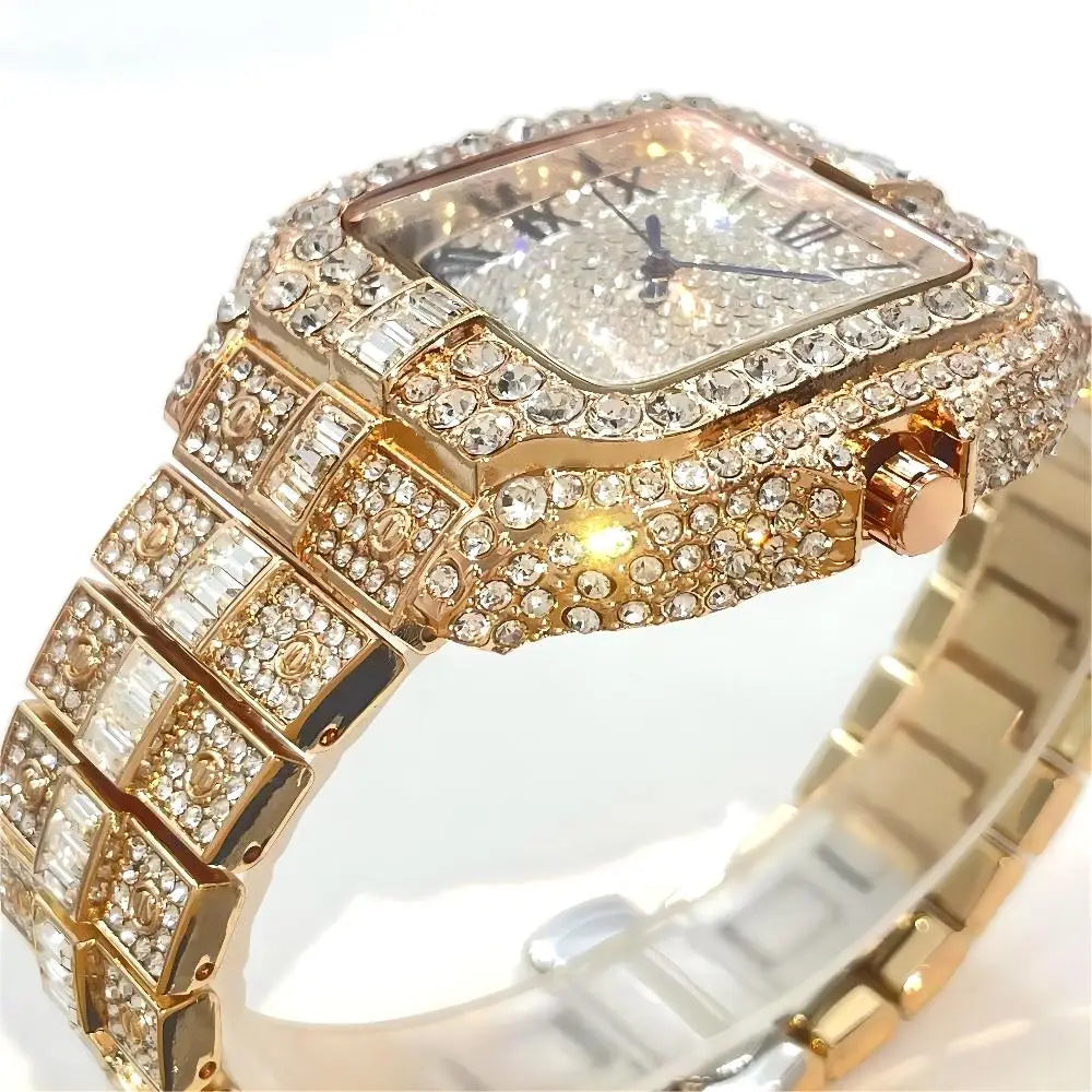 Hot Fashion Brand UNIGUET Hip Hop Rose Gold Iced Diamond Mens Watch Luxury Square Waterproof Quartz Man Clocks Relogio Masculino