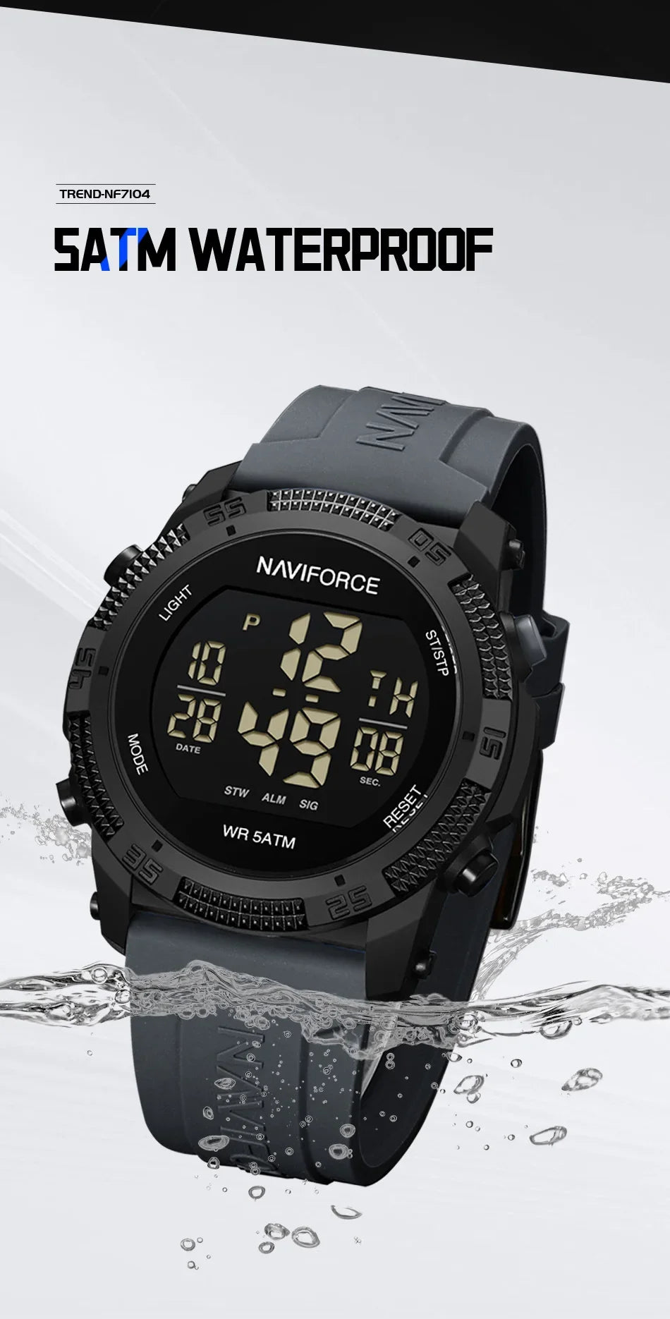 NAVIFORCE NF7104 Men's LCD Digital Leisure Date and Week Alarm Clock Waterproof Silicone Strap Electronic Premium Watch