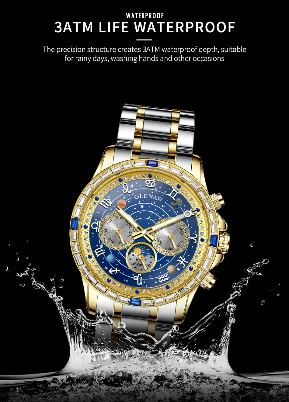 Glenaw top brand luxury fashion personalized fully automatic mechanical gold watch men's luminous waterproof watch