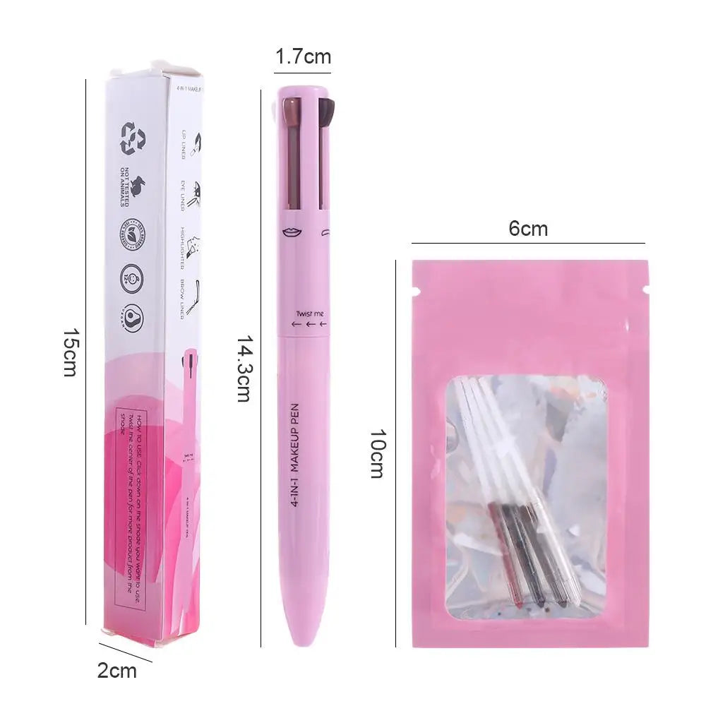 Pink 4-in-1 makeup pen set with packaging and dimensions, beauty accessories.