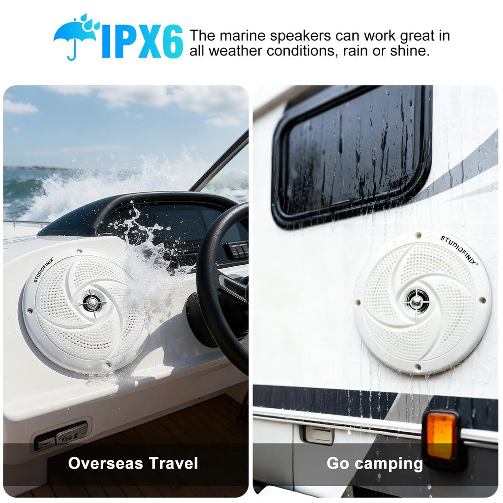 STUDIOFINIX 6.5'' 240W Waterproof Marine Speakers 2-Way with LEDs, Low-Profile for Boat, RV, ATV, UTV, Golf Cart (2Pk, White)