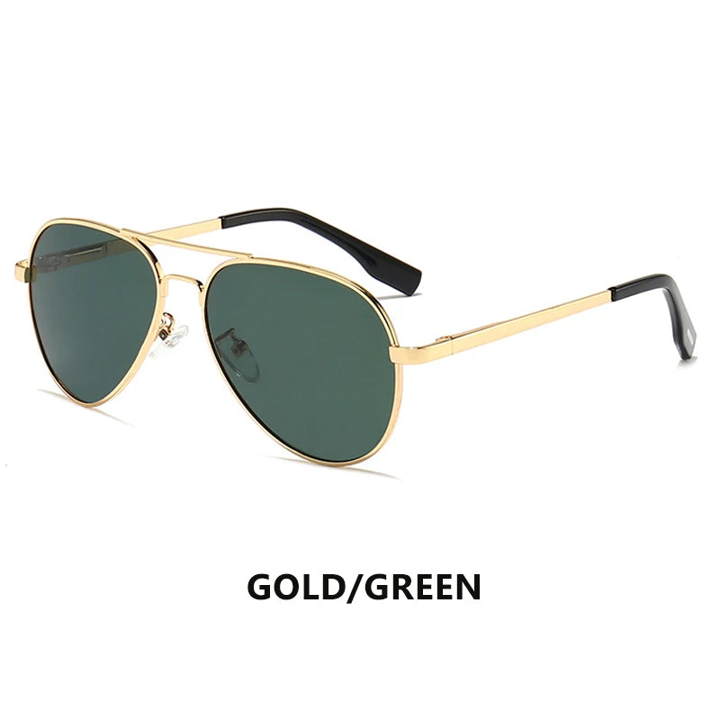 Gold frame aviator sunglasses with dark green lenses and black temple tips