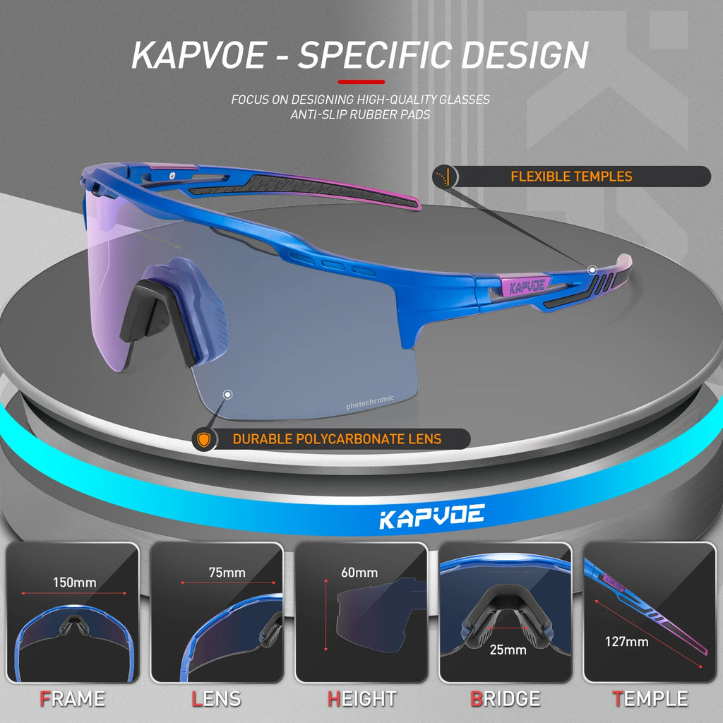 Blue and purple KAPVOE sports sunglasses with polycarbonate photochromic lens, flexible temples, and anti-slip rubber pads, with detailed measurements.