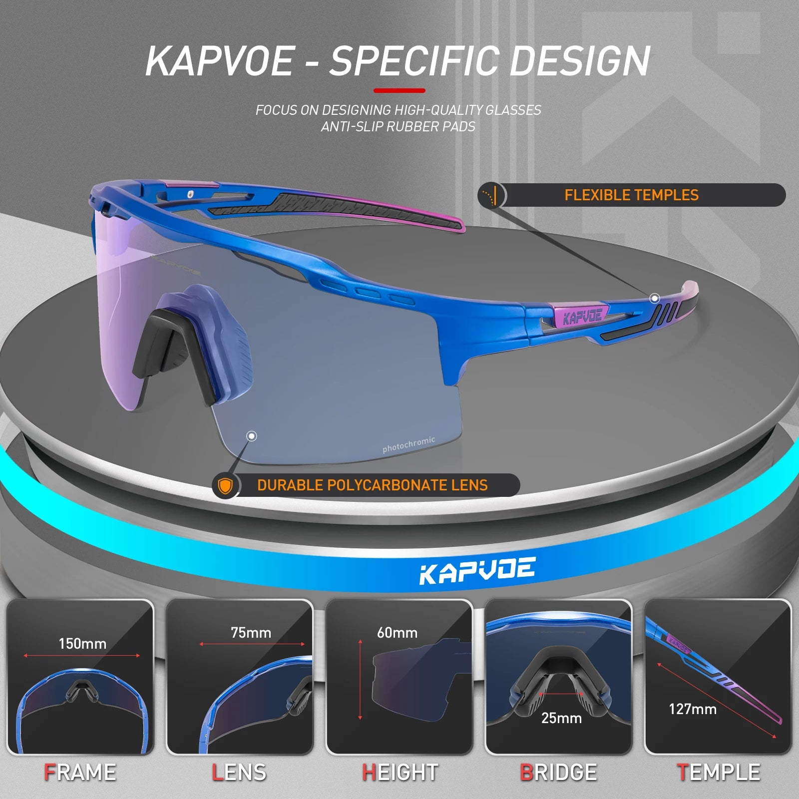 Blue and purple KAPVOE sports sunglasses with polycarbonate photochromic lens, flexible temples, and anti-slip rubber pads, with detailed measurements.