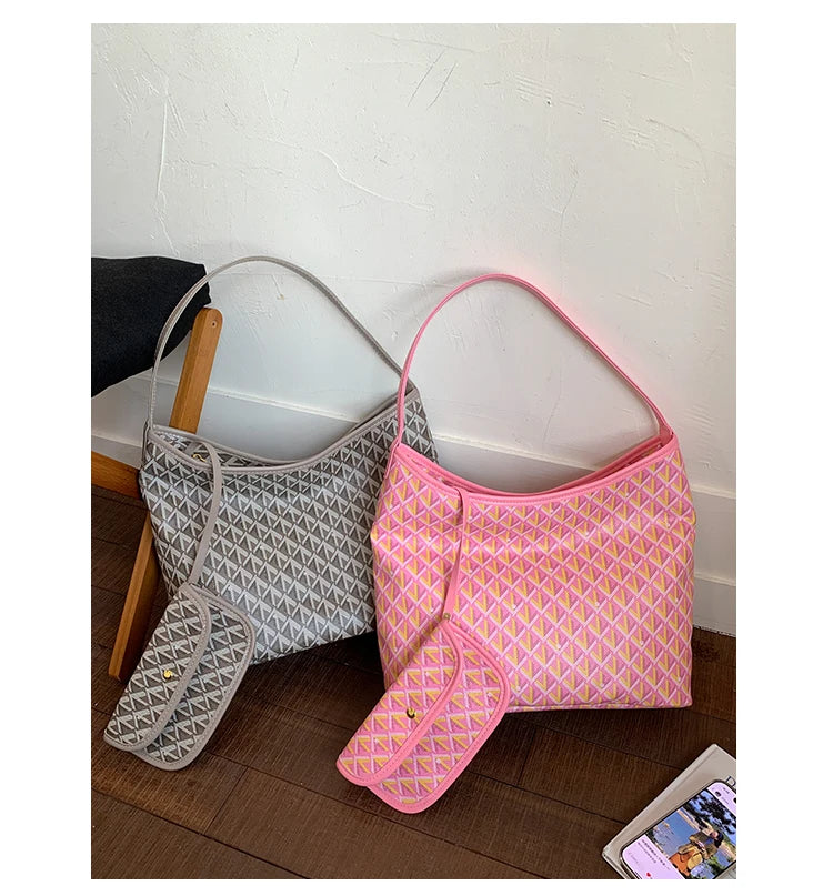 Large Capacity Women's Shoulder Bag Fashionable Commuter Tote Bag Soft PU Leather Printed Geometric Pattern Autumn New Arrival