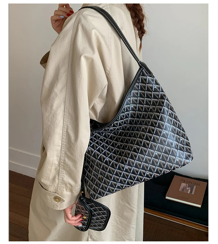 Large Capacity Women's Shoulder Bag Fashionable Commuter Tote Bag Soft PU Leather Printed Geometric Pattern Autumn New Arrival