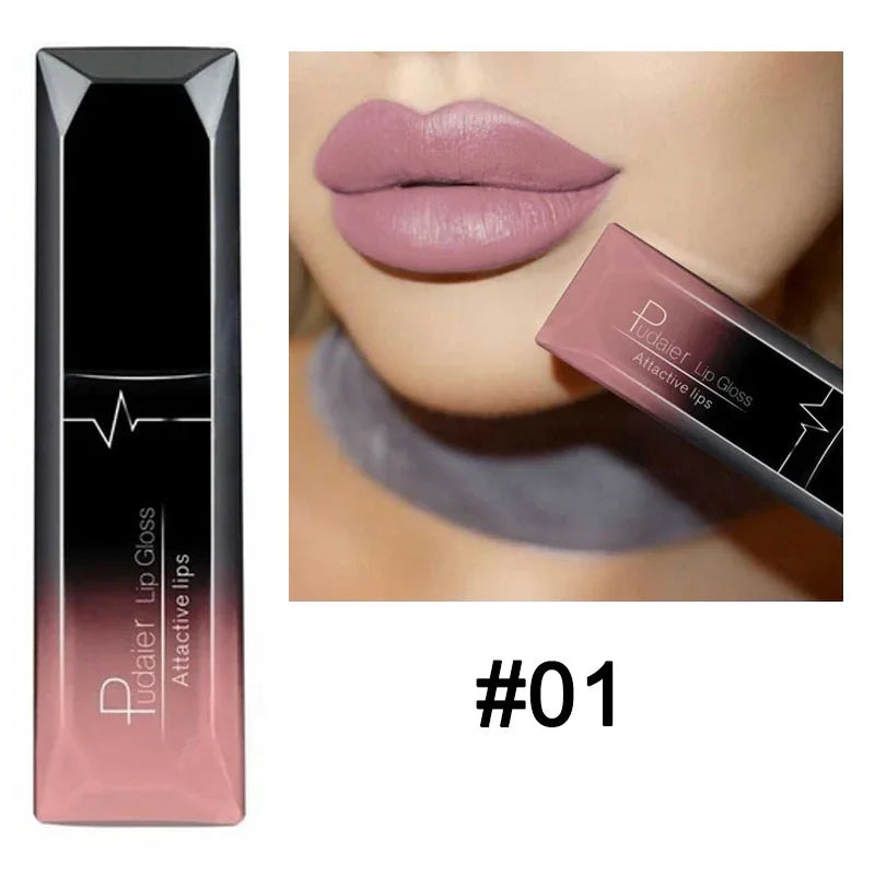Matte mauve lip gloss, shade 01, shown on lips with product packaging.