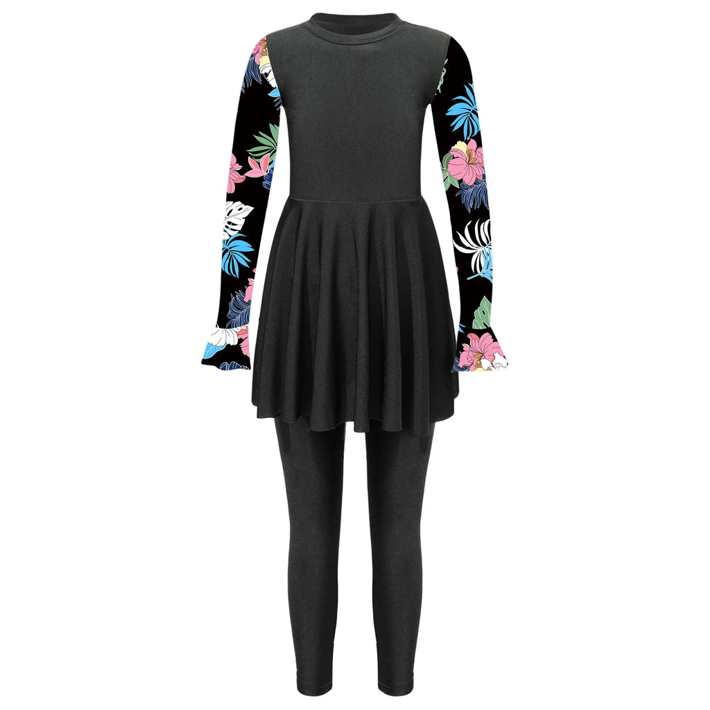 Girls Swimsuits 2 Piece Rash Guard Set UPF 50 Sun Protection Long Sleeve Swim Dress with Leggings Kids Full Body Cover Beachwear