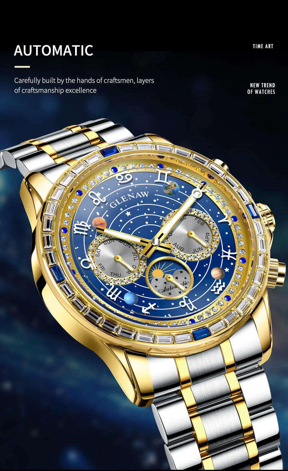 Glenaw top brand luxury fashion personalized fully automatic mechanical gold watch men's luminous waterproof watch