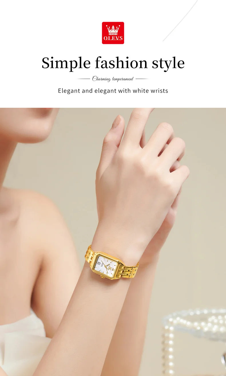 OLEVS 5616 New Quartz Watch for Women Fashion Elegant Square Golden Watch Calendar Waterproof Stainless Steel Ladies Wristwatch