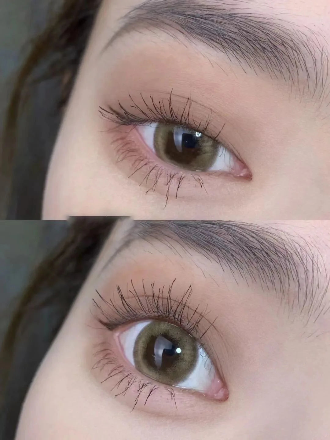 Close-up of brown eyes with natural makeup and long eyelashes, before and after mascara application