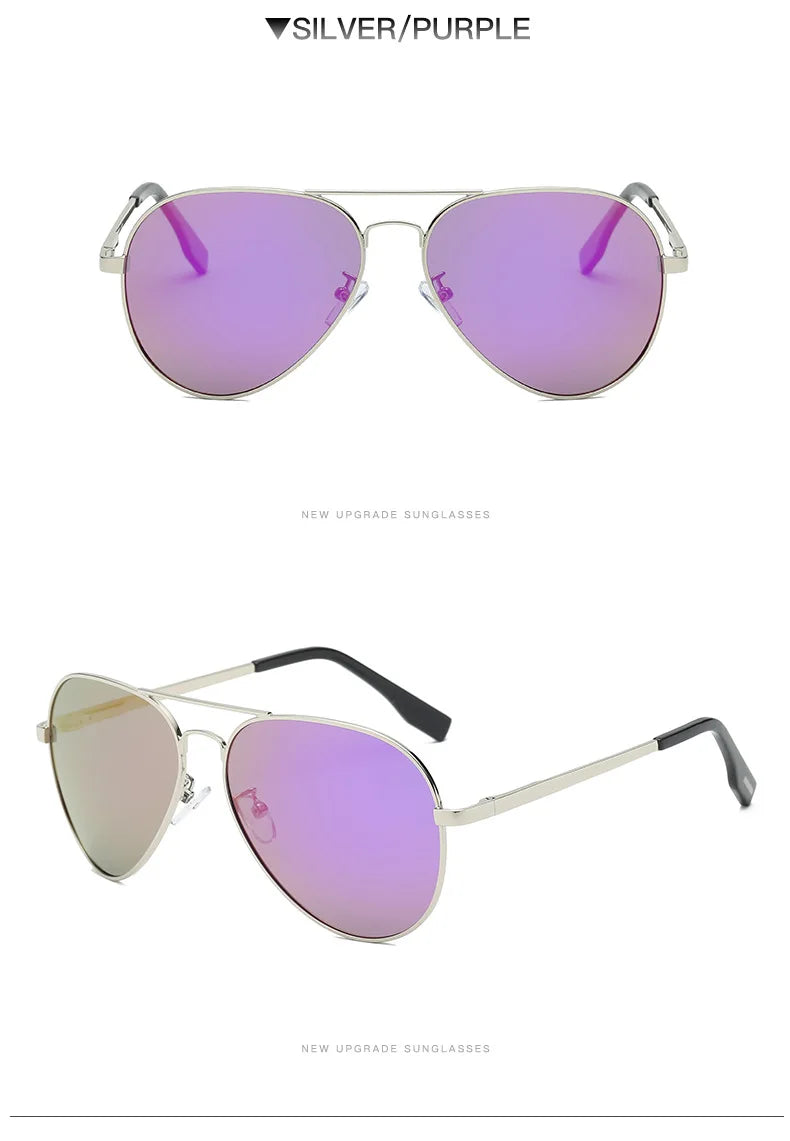 Silver frame aviator sunglasses with purple mirrored lenses, stylish eyewear accessory.