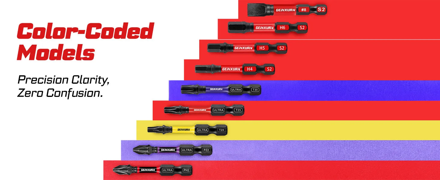 Geinxurn Impact Phillipes/Square/Slotted/Hex Screwdriver Bits Set,1''/2'' Magnetic S2 Steel Bits Set with Color Coded Base