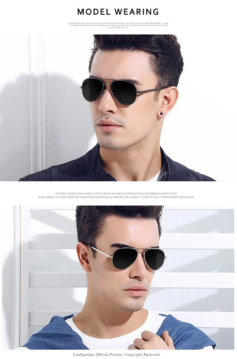 Male model wearing black aviator sunglasses in two different outfits