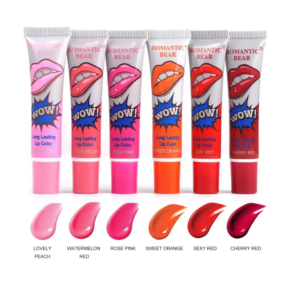 Assorted Romantic Bear long-lasting lip color tubes in six vibrant shades, waterproof makeup