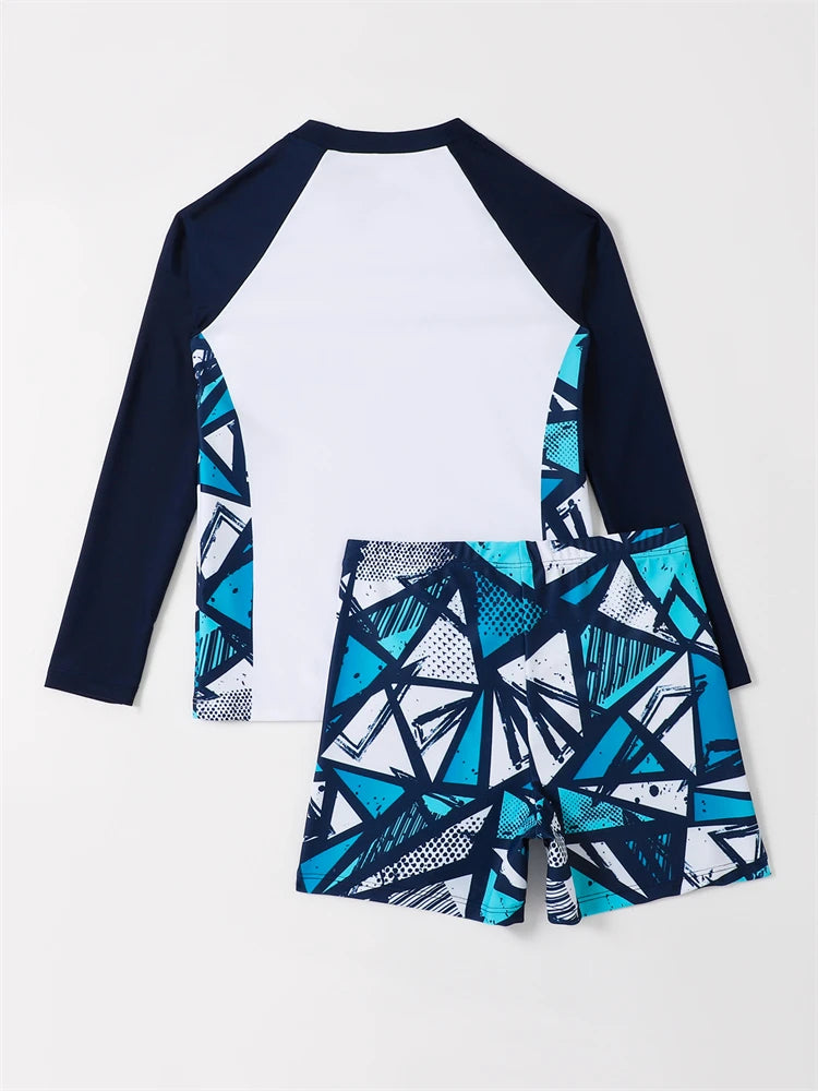 Boy Swimsuit 2026 New Solid And Print Long Sleeve Children Swimwear Summer Kids Beach Wear Shorts Swimming Bathing Suit For Men