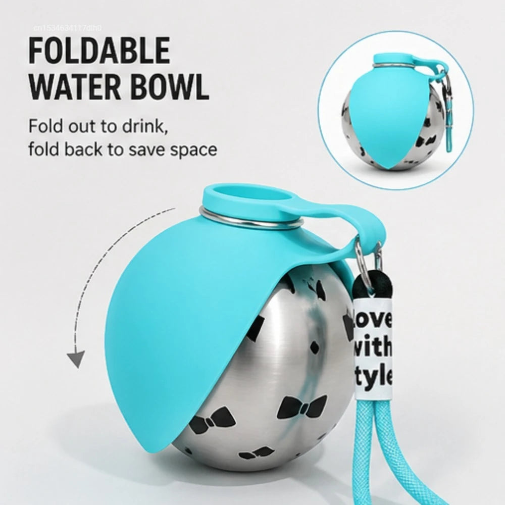 Foldable Stainless Steel Pet Water Bottle Spherical Design Portable Bowl for Small Pets Outdoor Daily Feeding and Drinking