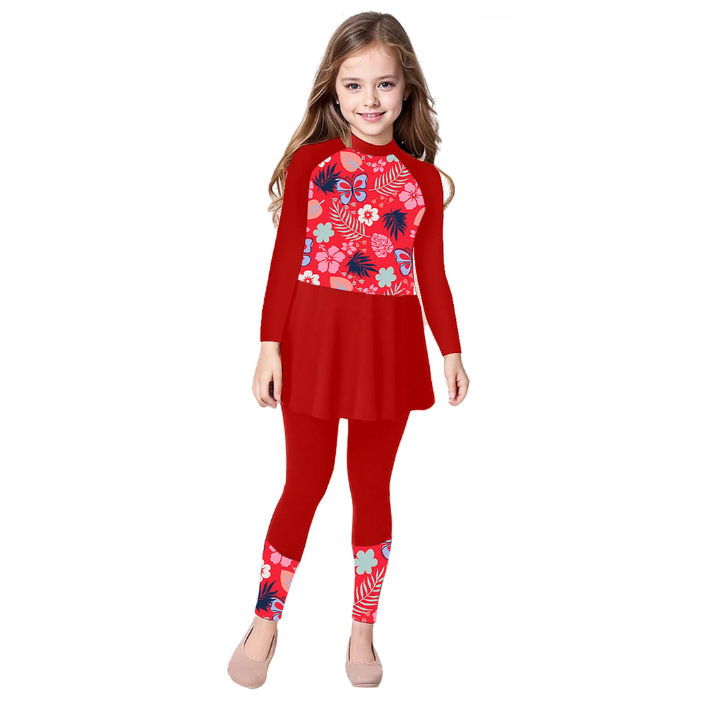 Girls Swimsuits 2 Piece Rash Guard Set UPF 50 Sun Protection Long Sleeve Swim Dress with Leggings Kids Full Body Cover Beachwear