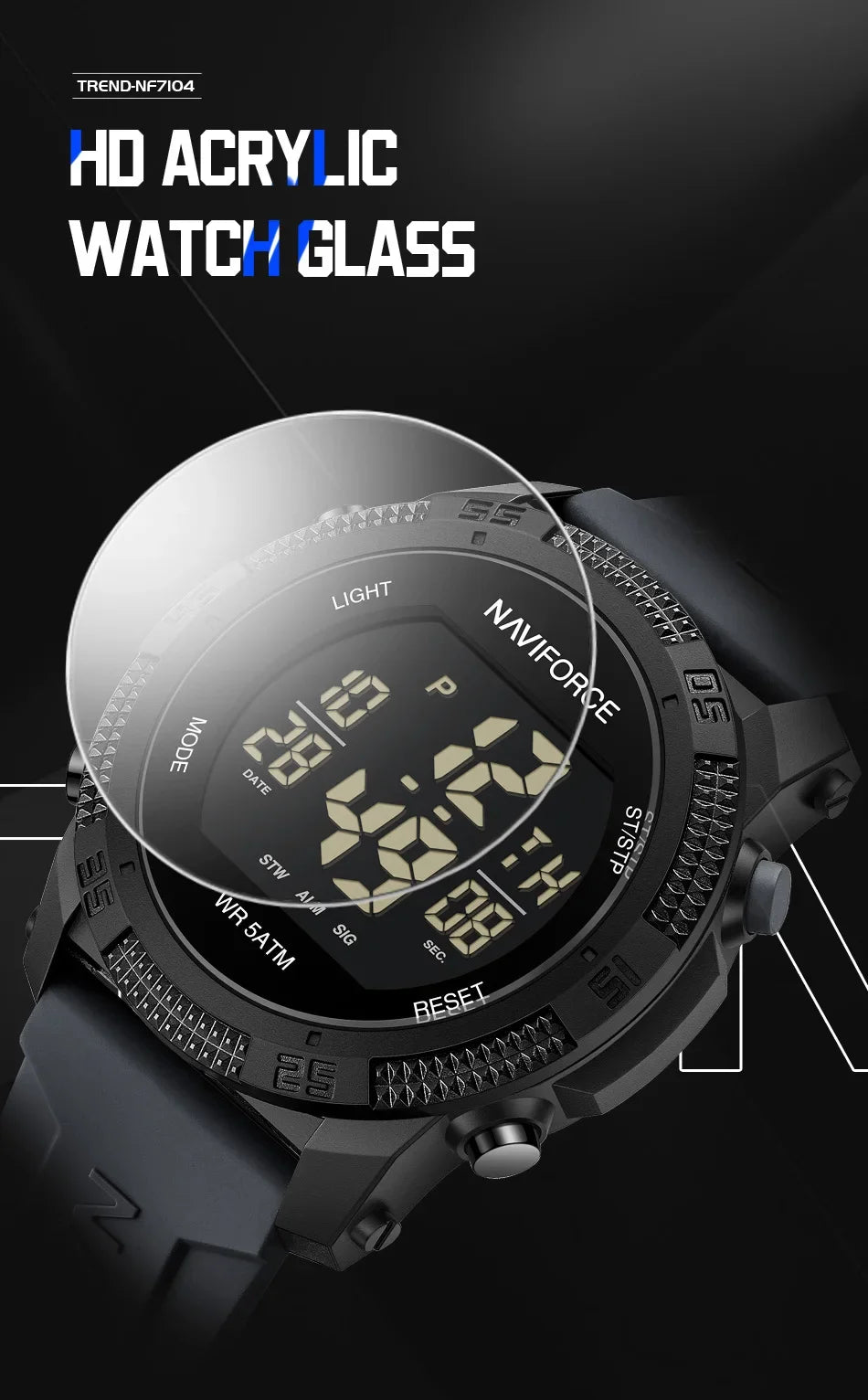 NAVIFORCE NF7104 Men's LCD Digital Leisure Date and Week Alarm Clock Waterproof Silicone Strap Electronic Premium Watch