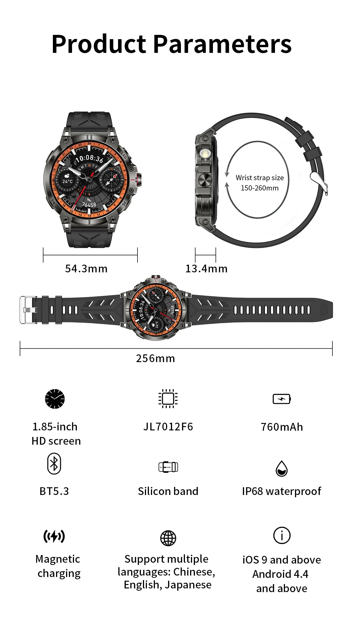 Military smartwatch men,760mAh Bluetooth call,LEDflashlight,compass,1.85HD Large screen,heart rate.blood pressure,IP68waterproof