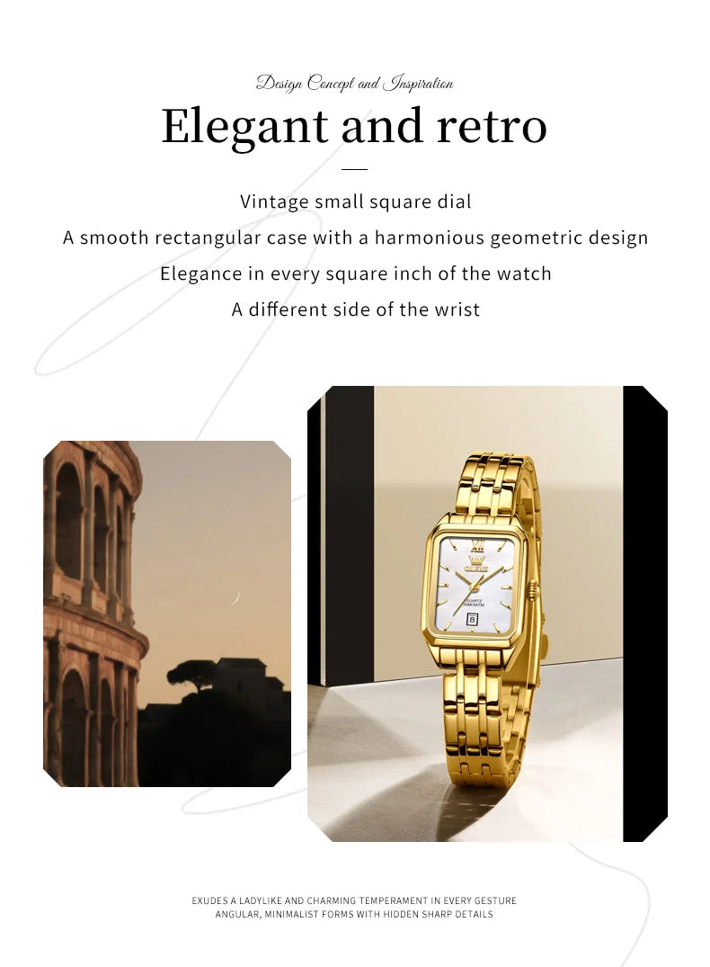 OLEVS 5616 New Quartz Watch for Women Fashion Elegant Square Golden Watch Calendar Waterproof Stainless Steel Ladies Wristwatch