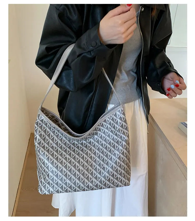Large Capacity Women's Shoulder Bag Fashionable Commuter Tote Bag Soft PU Leather Printed Geometric Pattern Autumn New Arrival