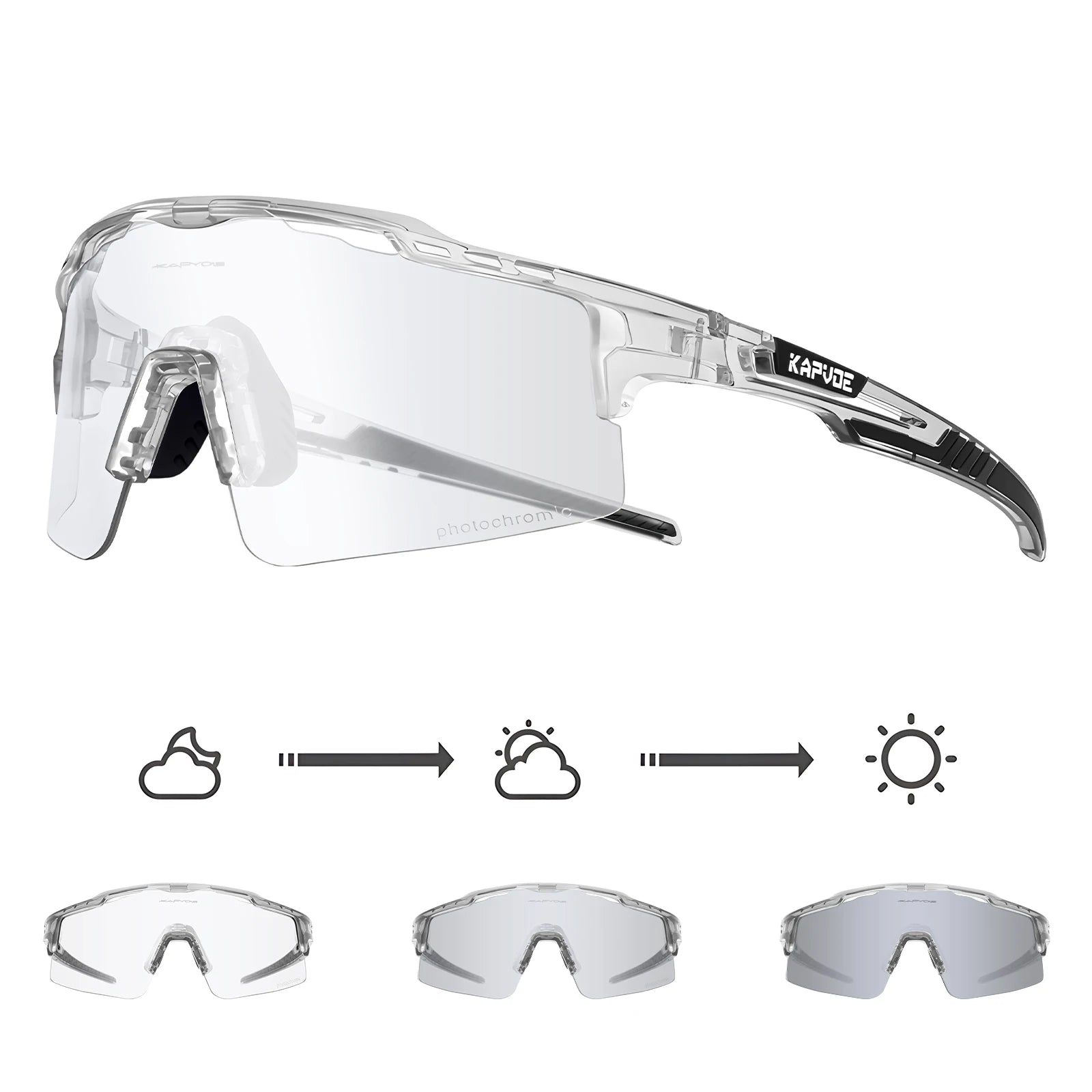 Clear photochromic sports sunglasses with black accents, lens tint changes in sunlight