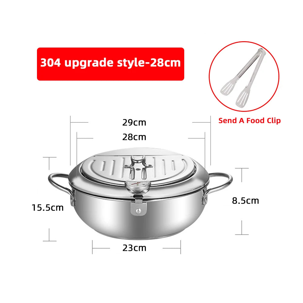 Japanese Deep Frying Pot With A Thermometer And A Lid Fryer Pan 304 Stainless Steel Kitchen Tempura Oil Frying Pan Fryer