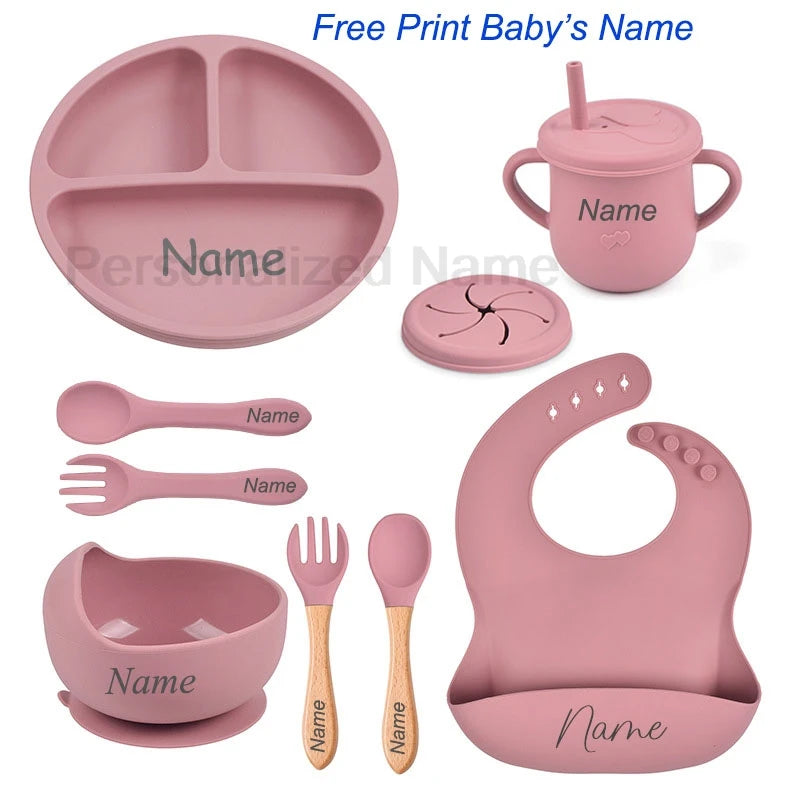 Personalized Logo Name Baby Silicone Dishes Feeding Set Suction Cup Bowl Tableware Kids Bowl Spoon Fork Bib Feeding Set BPA Free