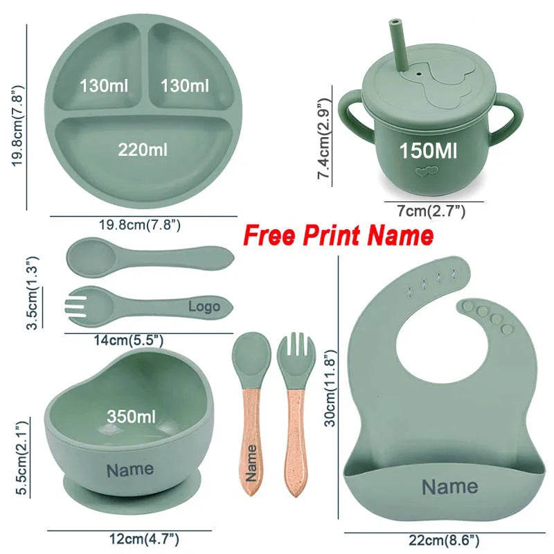 Personalized Logo Name Baby Silicone Dishes Feeding Set Suction Cup Bowl Tableware Kids Bowl Spoon Fork Bib Feeding Set BPA Free