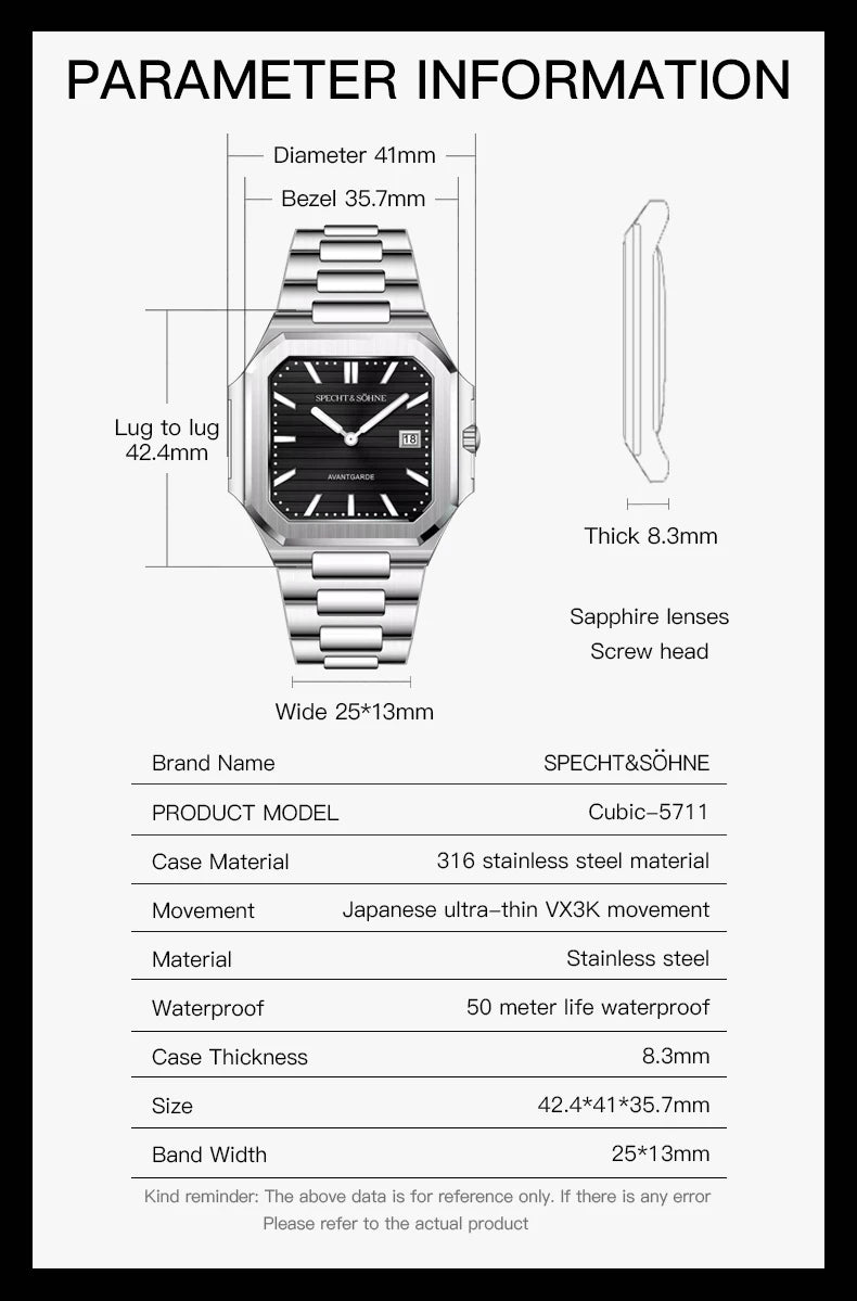 2025 Specht & Söhne New Hot Selling Ultrathin Cubic Watch For Men Quartz Wristwatch Sapphire Green Color Luminous Waterproof