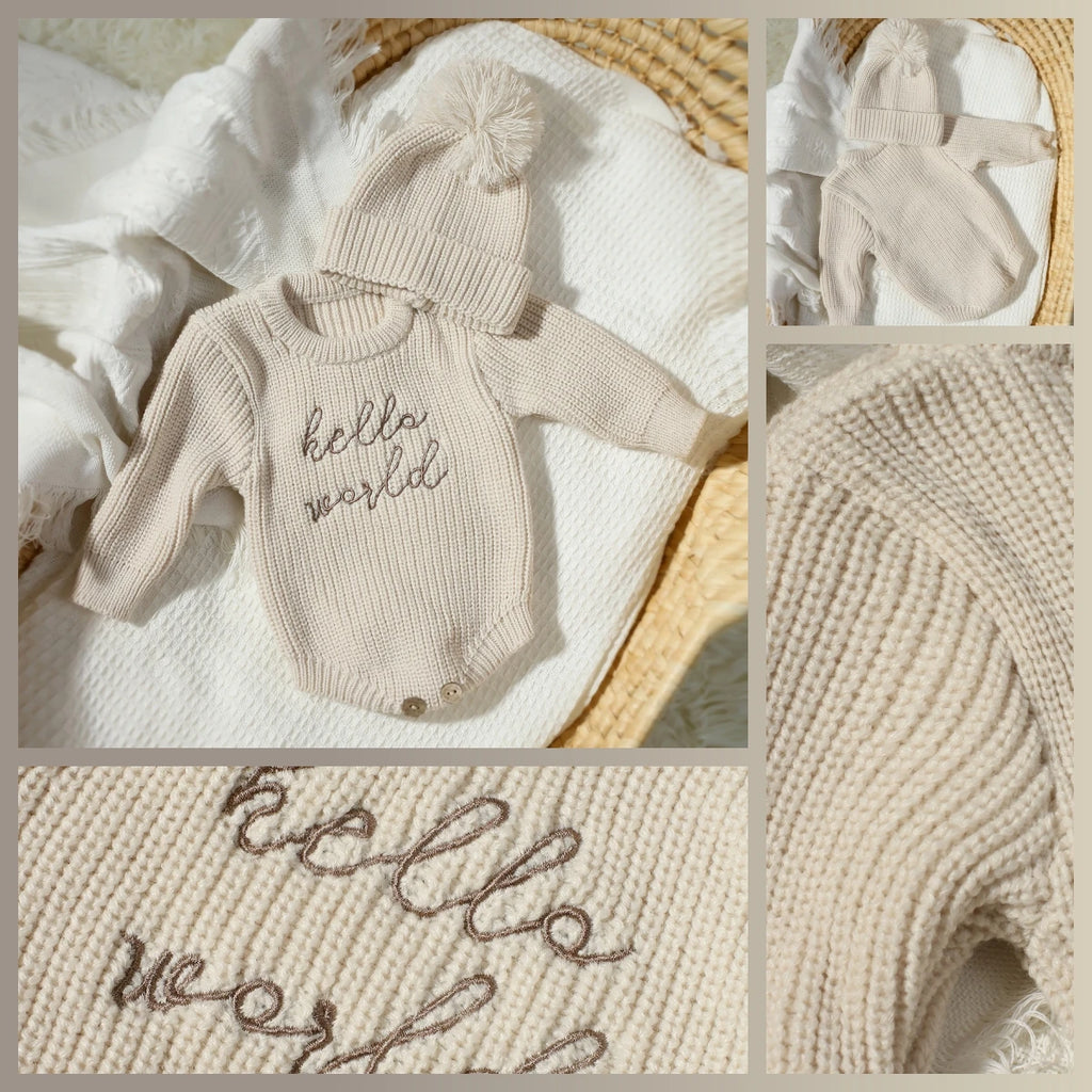 Hello World Knitting Newborn Photography Romper with Matching Pomp Hat Baby Boy Girl Sweater Outfits for Photo Shooting