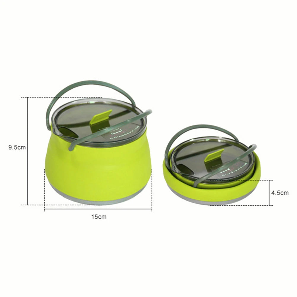 1.5L Silicone Kettle with Handle 1L Camping Cook Pot Stainless Steel Bottom Collapsible Water Cup/Bowl for Camping Backpacking