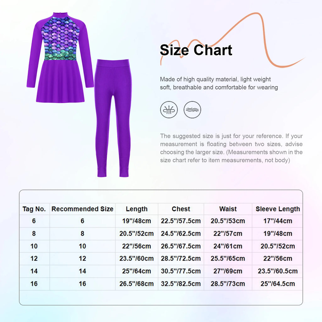 Girls Swimsuits 2 Piece Rash Guard Set UPF 50 Sun Protection Long Sleeve Swim Dress with Leggings Kids Full Body Cover Beachwear